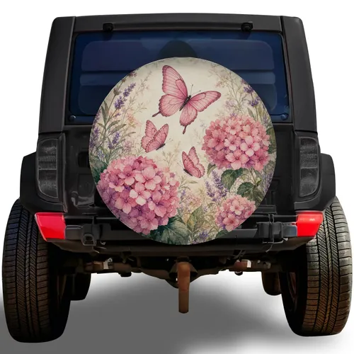 Watercolor Pink Hydrangeas And Butterflies For Garden Lovers RV Camping Travel Fun Spare Tire Cover