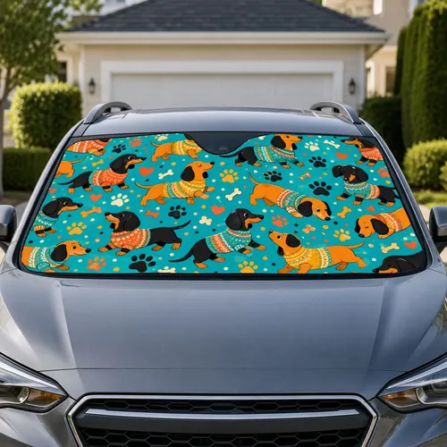 Playful Dachshunds In Cozy Sweaters For Dog Lovers Daily Commutes And Road Trips Car Sunshade