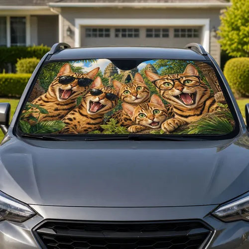 Laughing Bengal Cats In Tropical Temple Scene For Funny Cat Lover Summer Road Trips Car Sunshade
