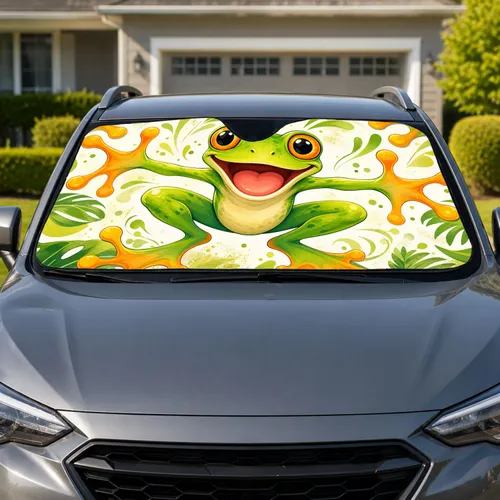Smiling Green Tree Frog With Orange Eyes Fun Road Trip Gift For Amphibian Lovers Car Sunshade