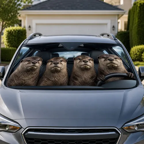 Realistic Otter Family Road Trip Scene For Animal Lovers, Commuters, And Gift Giving Car Sunshade
