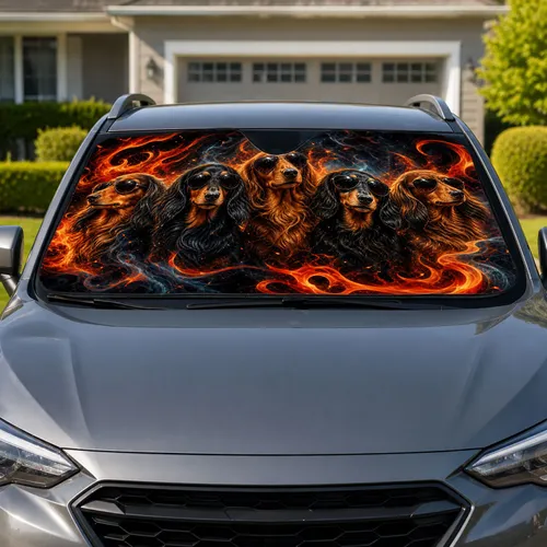 Five Long Haired Dachshunds In Sunglasses With Retro Flames For Dog Lover Road Trips Car Sunshade