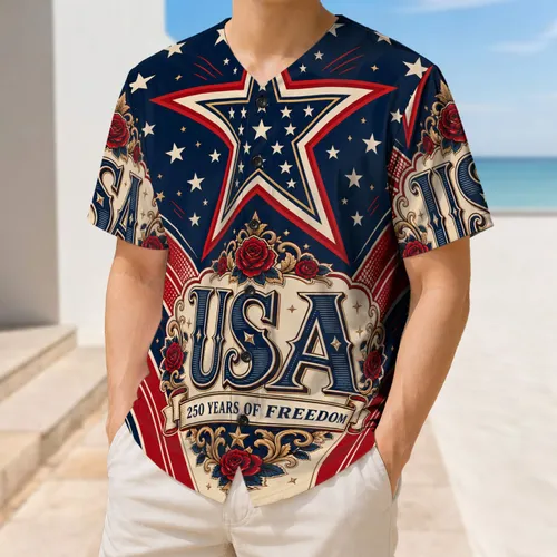 USA 250 Years Of Freedom Star Crest Patriotic Fourth Of July Vintage Americana Style Baseball Jersey