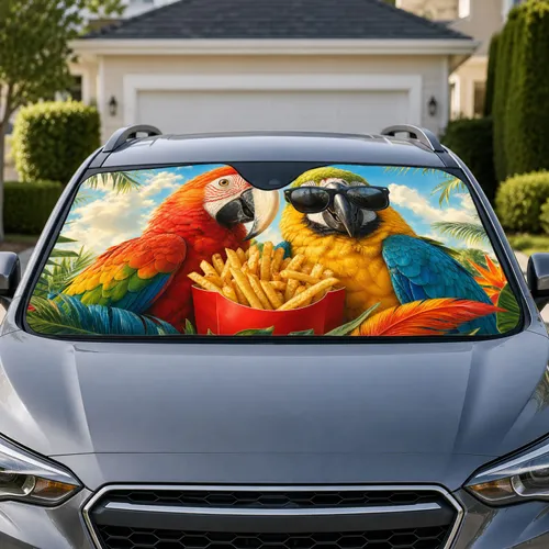 Realistic Tropical Parrots With French Fries for Fun Road Trip Travel Bird Lovers Car Sunshade