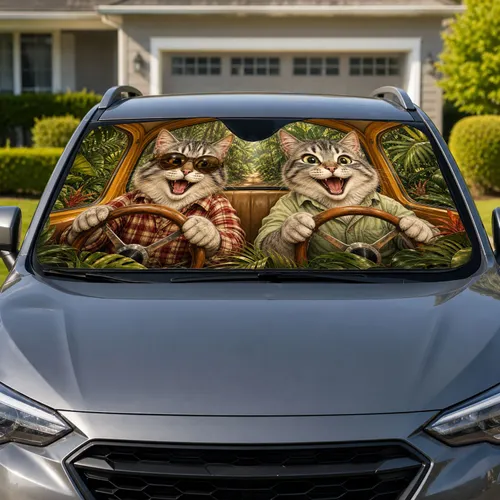 Laughing Tabby Cats In Vintage Yellow Car For Tropical Road Trip Cat Lovers Gift Car Sunshade