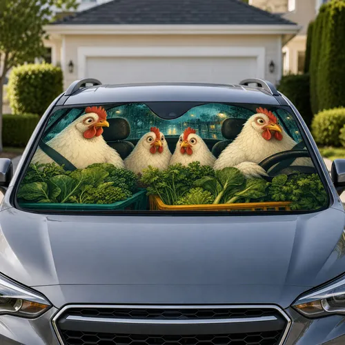 Funny White Chicken Grocery Ride Rainy Night Commuter Road Trip Gift For Poultry Lovers Car Sunshade
