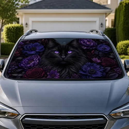 Purple Eyed Black Cat In Gothic Floral Garden Gift For Cat Lovers And Night Drives Car Sunshade
