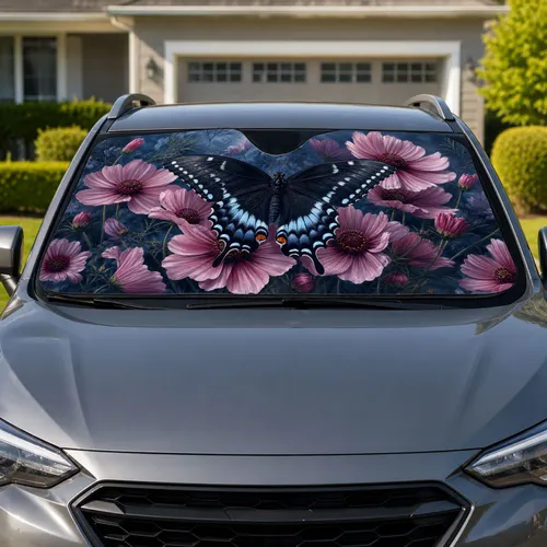 Black Swallowtail Butterfly With Pink Cosmos Blooms For Botanical Garden Enthusiasts Car Sunshade