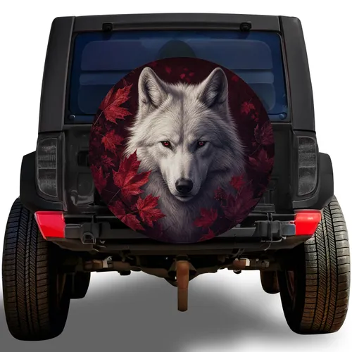 White Wolf With Autumn Maple Leaves For Wilderness Adventure RV SUV Truck Owners Spare Tire Cover