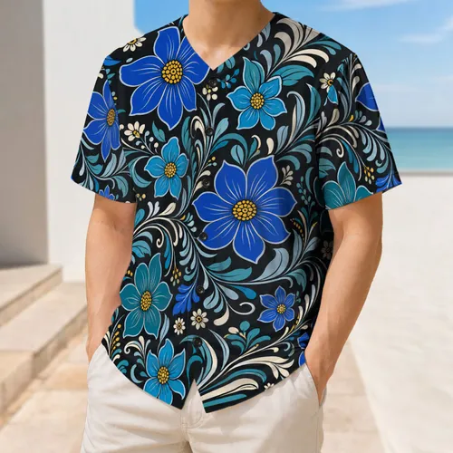Blue Teal Folk Floral Button Up for Game Days, Festivals, Vacations and Nightlife Baseball Jersey