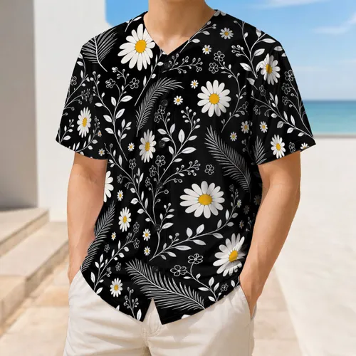 White Daisy Botanical Black Floral for Summer Sports, Festivals and Casual Outings Baseball Jersey
