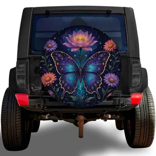 Celestial Butterfly Lotus Floral Garden For Boho RV Trailer Camping And Road Trips Spare Tire Cover