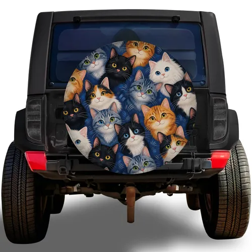 Colorful Cartoon Cat Collage Outdoor for Jeep Camping RV Travel and Feline Pet Lovers Spare Tire Cover