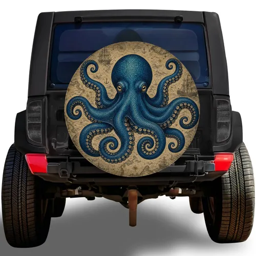 Deep Blue Kraken Vintage Nautical Chart For Ocean Lovers And Coastal Road Travel Spare Tire Cover