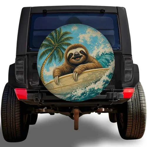 Vintage Surfing Sloth Riding Teal Ocean Wave For Beach Road Trips And RV Travelers Spare Tire Cover