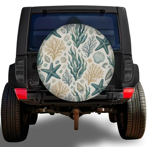 Coastal Sea Stars Kelp And Shells For Beach Camping RV Trailer SUV Adventure Trips Spare Tire Cover