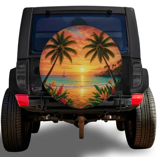 Tropical Beach Sunset Palm Scene For Coastal Road Trips And Island Travel Lovers Spare Tire Cover