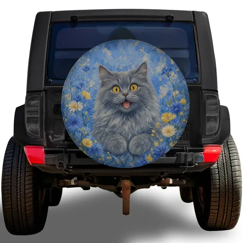 Funny Gray Longhair Cat With Amber Eyes for Jeep RV Camping Animal Lovers Travel Spare Tire Cover