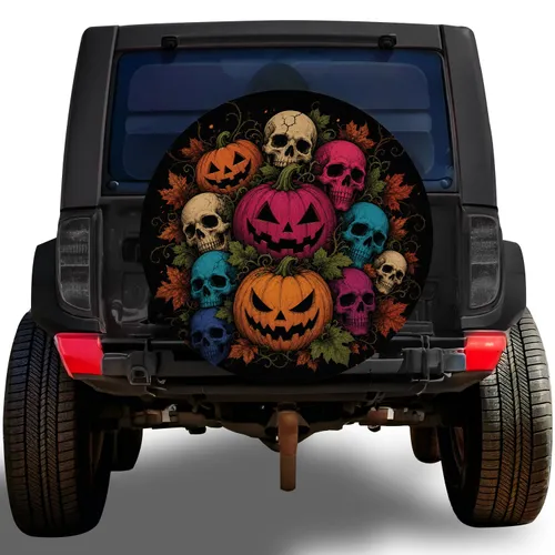 Halloween Pumpkin Skull Gothic Decor For Jeep SUV RV Trailer Spooky Autumn Road Trips Spare Tire Cover