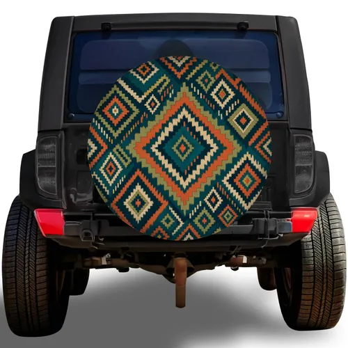 Teal Ikat Geometric Motif For Boho Camping Road Trips RV SUV Trailer Enthusiasts Spare Tire Cover