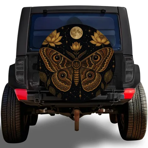 Celestial Owl Moth Moon And Lotus Art For Gothic RV Camper Road Trip Decor Lovers Spare Tire Cover