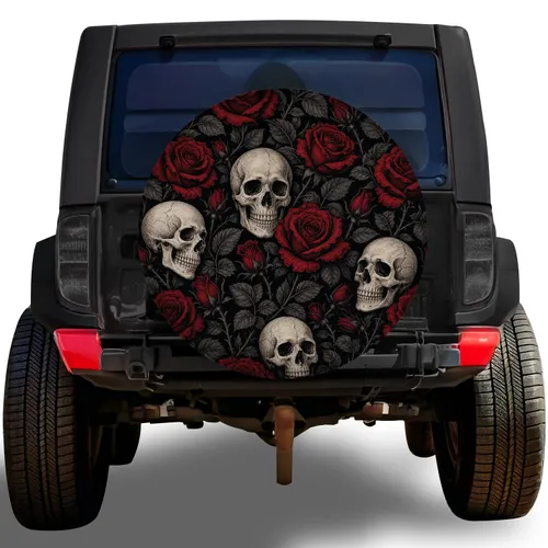Gothic Skulls And Crimson Roses For Dark Road Trip Travel Style RV SUV Truck Owners Spare Tire Cover