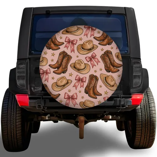 Western Cowgirl Boots Hats And Bows For Rodeo Road Trips And RV Travel Adventures Spare Tire Cover
