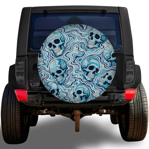 Turquoise Skull Topographic Waves for Adventure SUVs and Off Road Travel Enthusiasts Spare Tire Cover