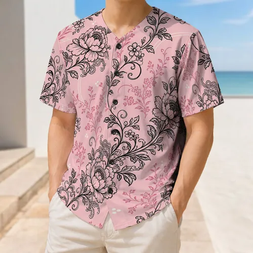 Blush Pink Black Floral Lace Botanical Varsity Style for Women Streetwear and Game Day Baseball Jersey