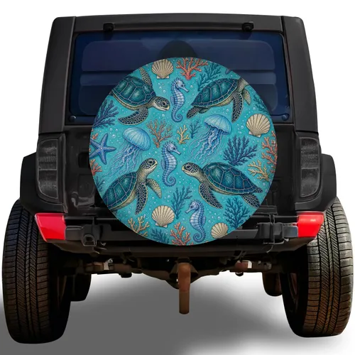 Sea Turtle And Seahorse Ocean Wildlife For Beach Travel RV Camping Adventures Gift Spare Tire Cover
