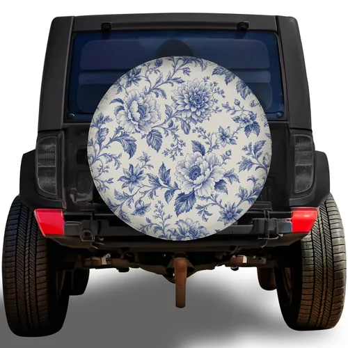 Cobalt Blue Botanical Toile Floral Garden For RV Camping And Road Trip Lifestyle Spare Tire Cover