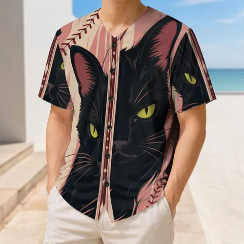Black Cat Green Eyes Blush Pink Pinstripes for Game Day Baseball Fans and Cat Lovers Baseball Jersey