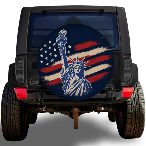 Statue Of Liberty American Flag Patriotic Camping Adventure For RV SUV Off Road Drivers Spare Tire Cover