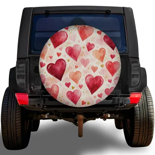 Watercolor Hearts With Gold Flecks For Romantic Valentine Road Trips And Wedding Getaways Spare Tire Cover