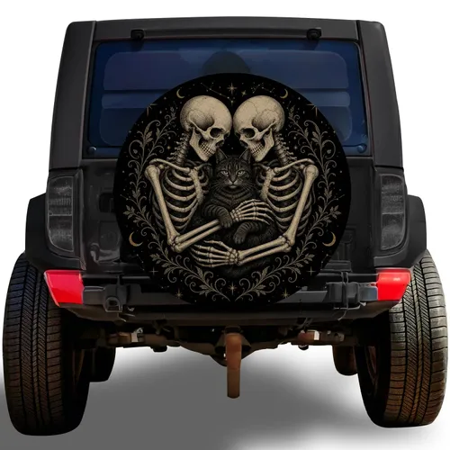 Gothic Skeleton Couple Holding Black Cat For Halloween Witchy Road Trip Travelers Spare Tire Cover