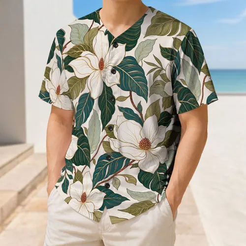 White Magnolia And Tropical Leaf Botanical for Resort Travel, Sports, and Everyday Wear Baseball Jersey