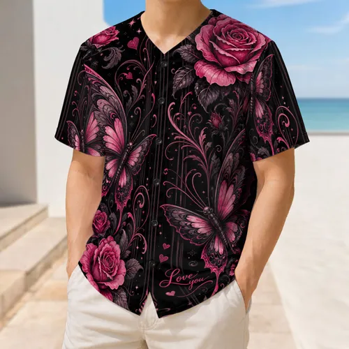 Gothic Pink Rose Butterfly Love You Romantic Streetwear Gift For Women And Teens Baseball Jersey