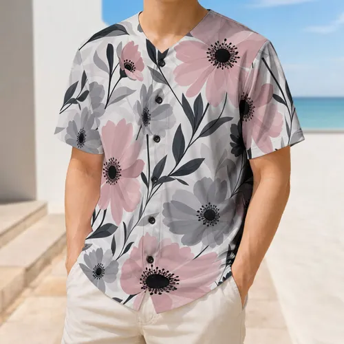 Pink Gray Daisy And Cosmos Floral Casual Streetwear For Spring Garden Party Outfits Baseball Jersey
