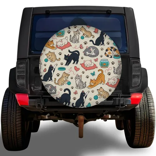 Playful Cartoon Cats With Yarn And Fishbowls For Pet Lovers Who Travel By Jeep And RV Spare Tire Cover