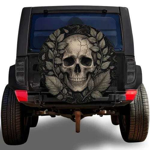 Gothic Skull With Botanical Leaves For Dark Nature Road Trips And Outdoor Adventurers Spare Tire Cover