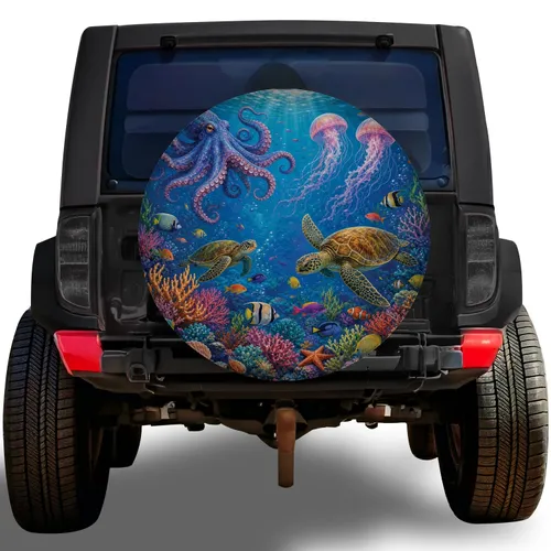 Luminous Octopus Sea Turtle Coral Reef Ocean Scene For RV Camping Travel Beach Lovers Spare Tire Cover