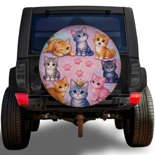 Eight Playful Tabby Kittens With Pink Paw Prints For RV Camping And Road Trips Spare Tire Cover