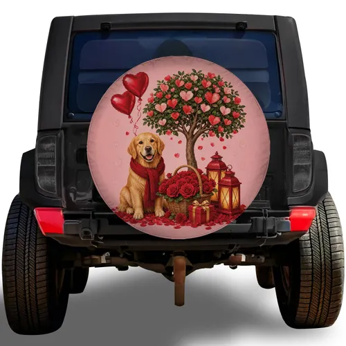 Golden Retriever Heart Blossom Tree Roses Valentine Decor for Romantic RV Travel Spare Tire Cover