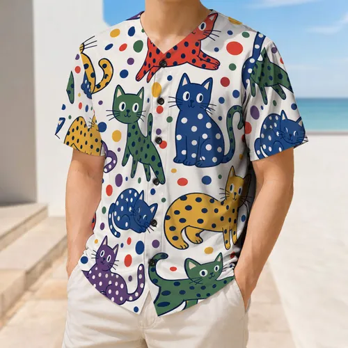 Playful Cartoon Cats and Colorful Polka Dots for Casual Everyday Wear Cat Lovers Baseball Jersey