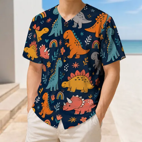 Colorful Dinosaur Rainbow Allover For Sports Fans And Everyday Casual Wear Outfits Baseball Jersey