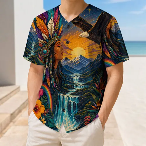 Eagle Feather Crown Waterfall Sunset For Festivals, Hiking And Everyday Outdoor Style Baseball Jersey