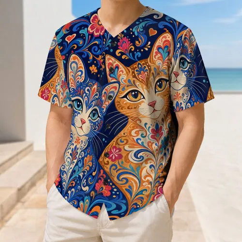 Ornate Folk Art Cats With Flowers For Festival Outfits And Everyday Wear Cat Lovers Baseball Jersey