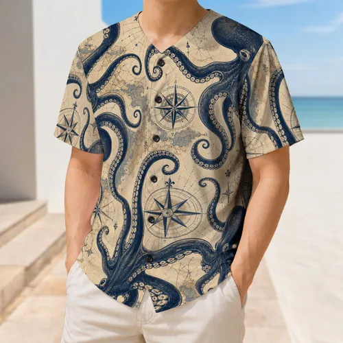 Vintage Nautical Octopus Map Motif For Coastal Sports Fans And Casual Everyday Wear Baseball Jersey