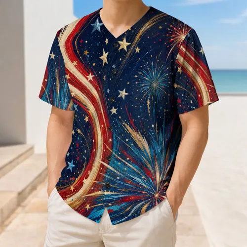 Patriotic Star Fireworks Night Sky For July 4th Games And Summer Streetwear Fans Baseball Jersey