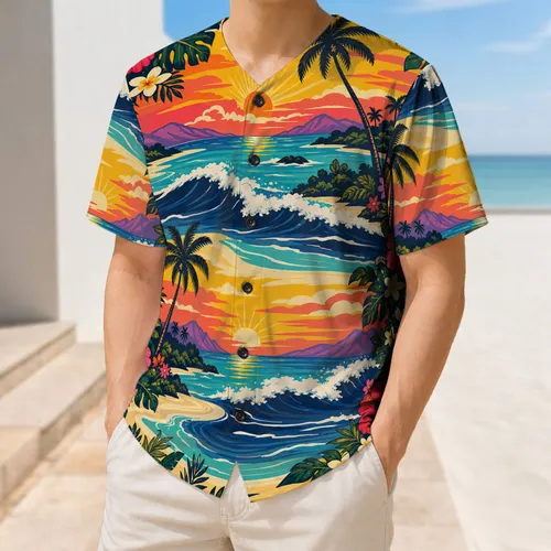 Tropical Sunset Waves, Palm Trees And Hibiscus For Beach Travel And Summer Sports Baseball Jersey